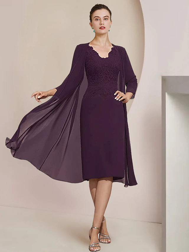 Luolandi Two Piece Sheath / Column Mother of the Bride Dress Formal Wedding Guest Elegant V Neck Knee Length Chiffon Lace Short Sleeve Jacket Dresses